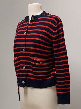 ZARA, Red & Navy Striped, Cable Knit, Gold Button, L/S, Cardigan, Size: S